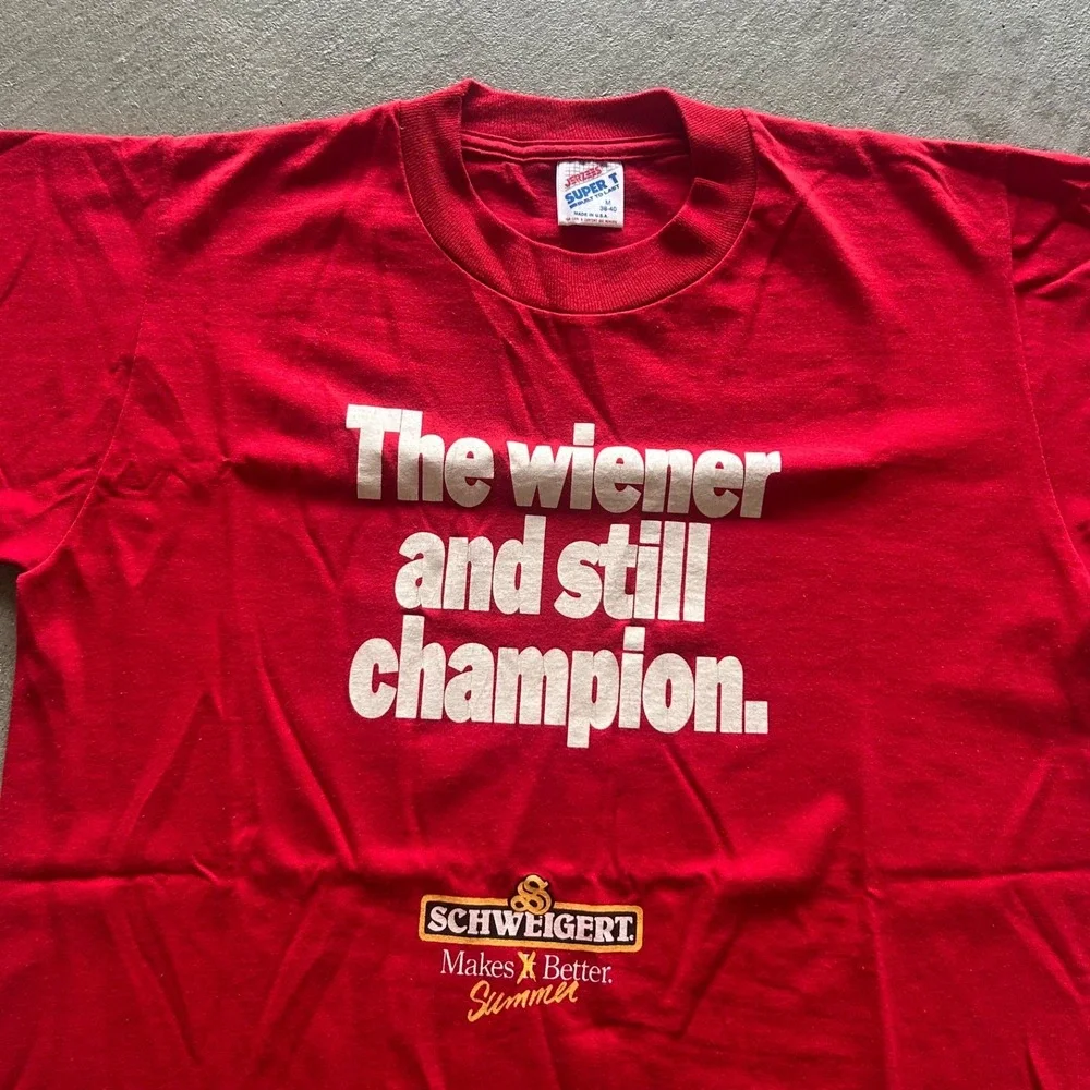 Vintage 80s Schweigert Meats Shirt Size Medium Red Wiener Champion Hot Dog